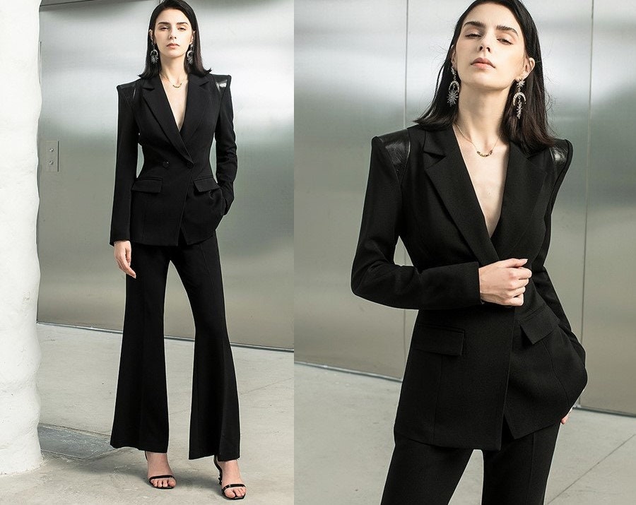 Black pointed shoulder trendy pantsuit, deluxe designer woman modern slim cut blazer + pants, Smart Causal/ Party Event/ Prom Wedding/Gift