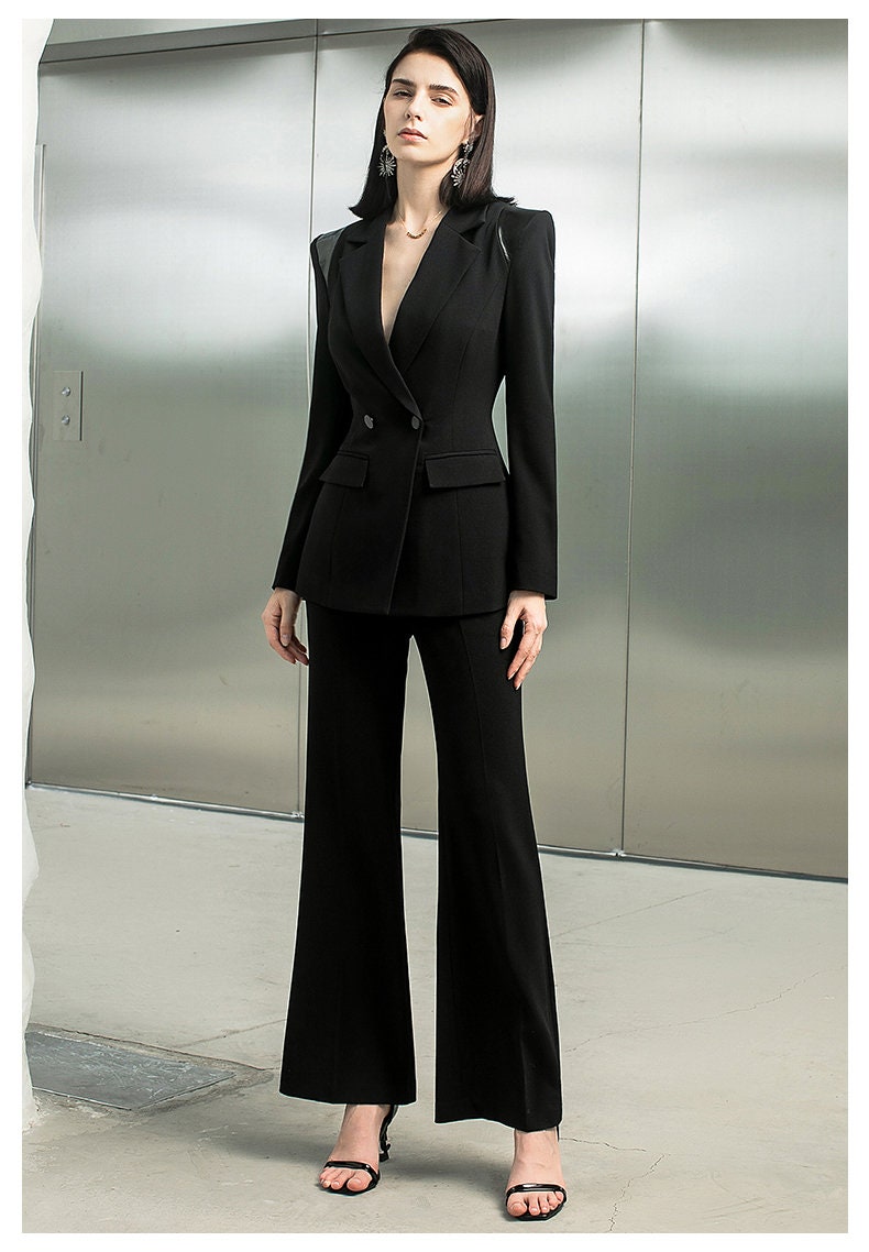 Black pointed shoulder trendy pantsuit, deluxe designer woman modern slim cut blazer + pants, Smart Causal/ Party Event/ Prom Wedding/Gift