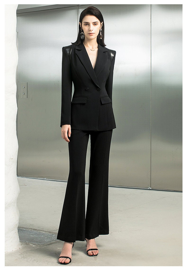 Black pointed shoulder trendy pantsuit, deluxe designer woman modern slim cut blazer + pants, Smart Causal/ Party Event/ Prom Wedding/Gift