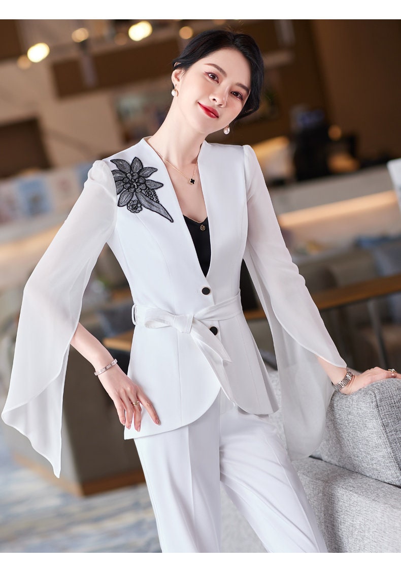 White/ Pink /Black pantsuit/dress suit, designer woman suit jacket/ blazer + slim cut pants suit set, Formal/ Party Event/ Prom Wedding