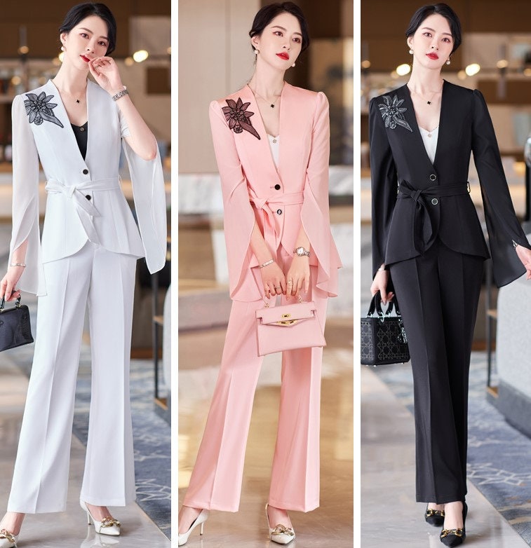 White/ Pink /Black pantsuit/dress suit, designer woman suit jacket/ blazer + slim cut pants suit set, Formal/ Party Event/ Prom Wedding