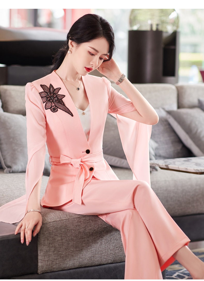 White/ Pink /Black pantsuit/dress suit, designer woman suit jacket/ blazer + slim cut pants suit set, Formal/ Party Event/ Prom Wedding