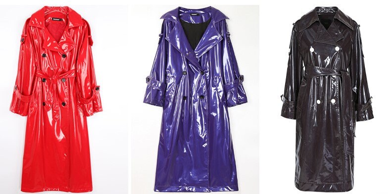 Sharp color leather Coat, PU leather trench coat in red/ blue/ black glossy trendy style casual outdoors all seasons