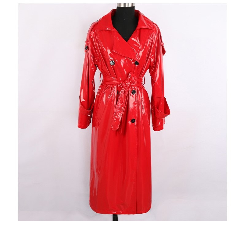 Sharp color leather Coat, PU leather trench coat in red/ blue/ black glossy trendy style casual outdoors all seasons