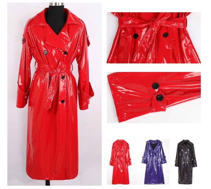 Sharp color leather Coat, PU leather trench coat in red/ blue/ black glossy trendy style casual outdoors all seasons