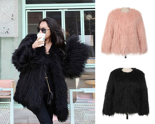 Fluffy furry faux fur jacket coat solid color black/ pink rave punk goth cozy plur top party clubwear unique designer winter jacket