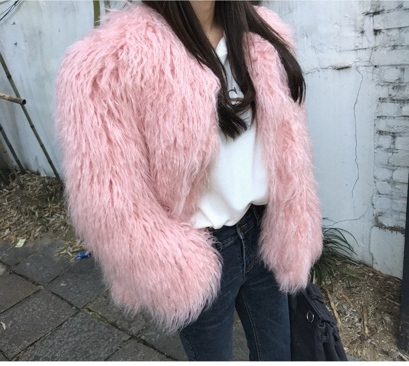 Fluffy furry faux fur jacket coat solid color black/ pink rave punk goth cozy plur top party clubwear unique designer winter jacket