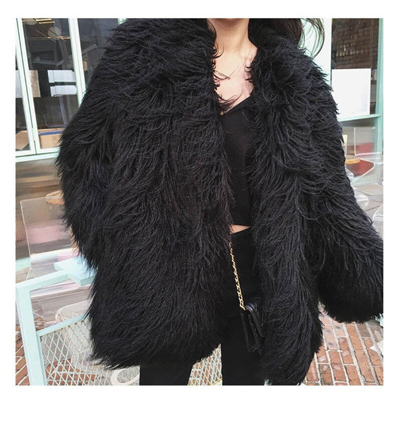 Fluffy furry faux fur jacket coat solid color black/ pink rave punk goth cozy plur top party clubwear unique designer winter jacket