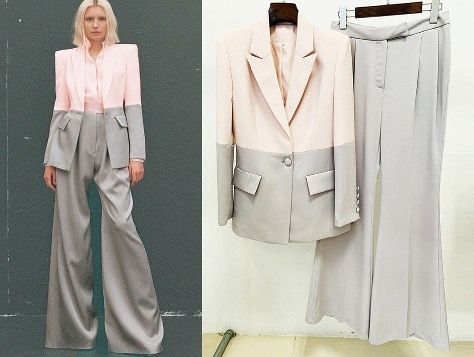 Multi Colored Women Pantsuit Colour-Blocked Woman Formal Suit Light Pink Light Gray Blazer + Trousers Smart Casual Event Party Gift