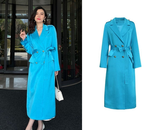 Glossy blue trench coat, designer woman color long coat slim cut double breast, casual/ outdoor/ office wear/wedding event party/ gift