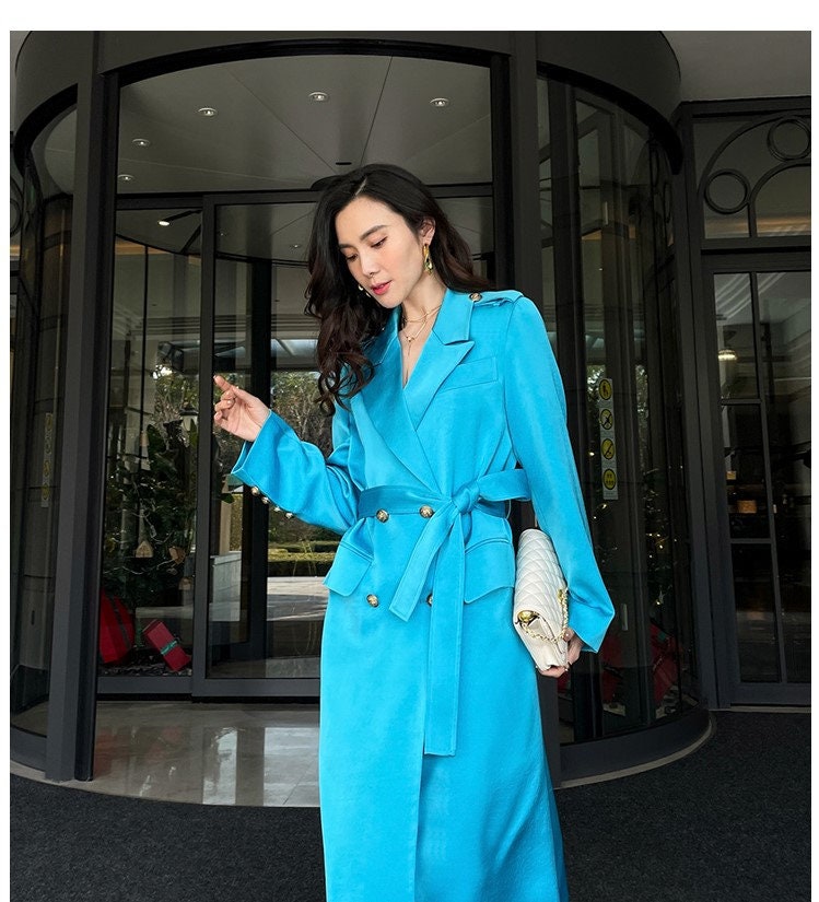 Glossy blue trench coat, designer woman color long coat slim cut double breast, casual/ outdoor/ office wear/wedding event party/ gift