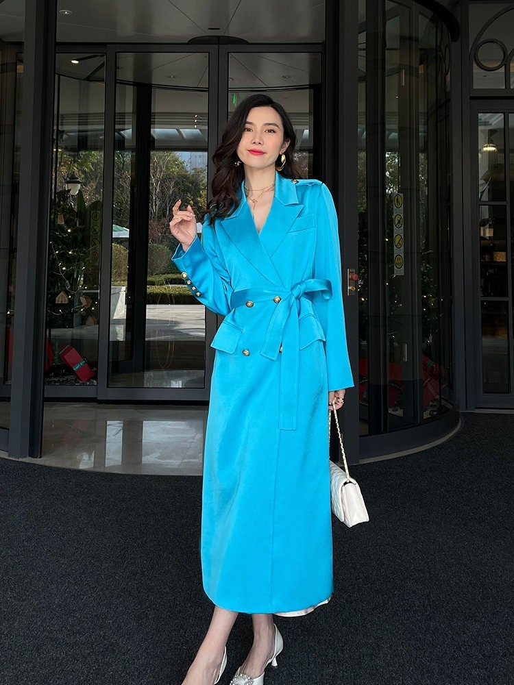 Glossy blue trench coat, designer woman color long coat slim cut double breast, casual/ outdoor/ office wear/wedding event party/ gift