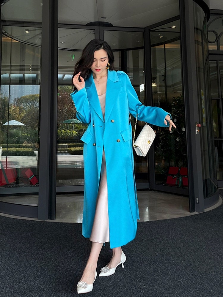 Glossy blue trench coat, designer woman color long coat slim cut double breast, casual/ outdoor/ office wear/wedding event party/ gift