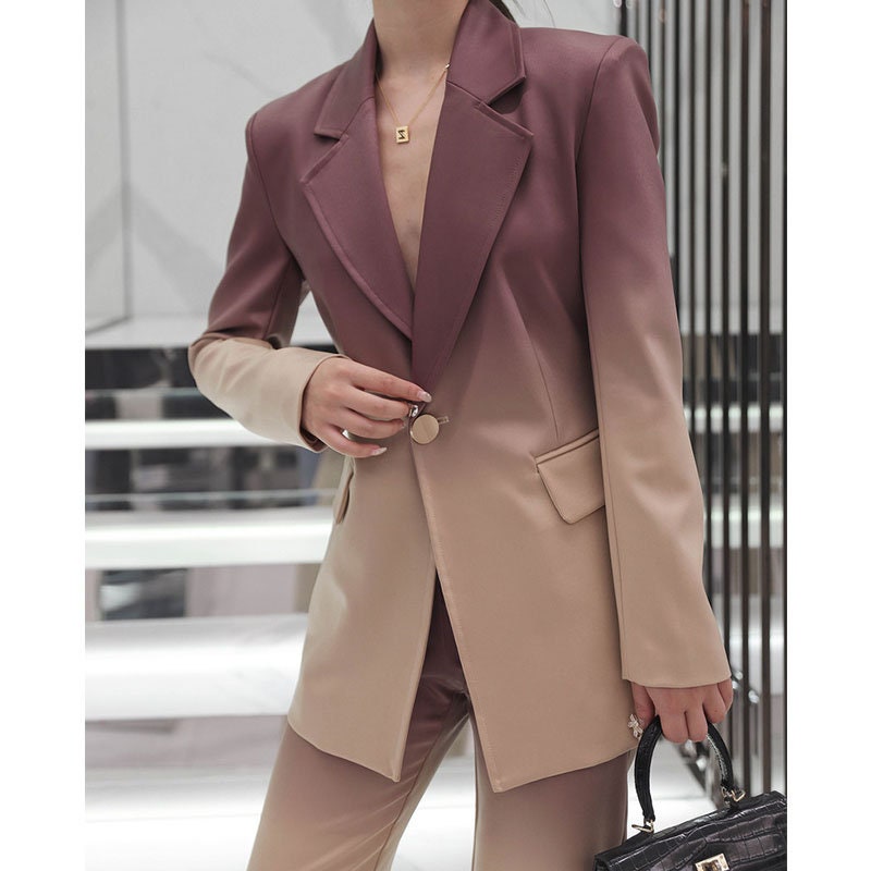 Gradient color pantsuit, designer women modern blazer + pants suit set, formal/ outdoors wear/ office work wear/wedding event party/ gift