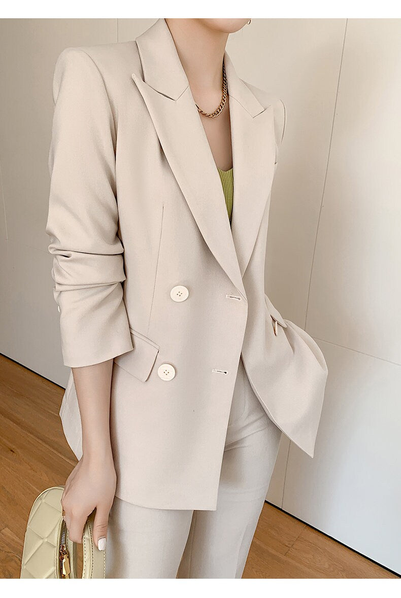 Beige women slim cut pantsuit, designer woman modern blazer + pants suit set, Smart Causal Formal Office Party Event Prom Wedding Gift