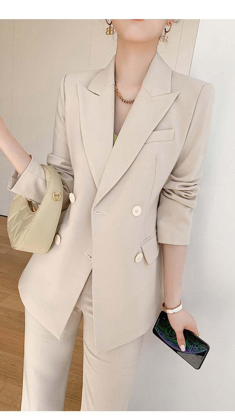 Beige women slim cut pantsuit, designer woman modern blazer + pants suit set, Smart Causal Formal Office Party Event Prom Wedding Gift