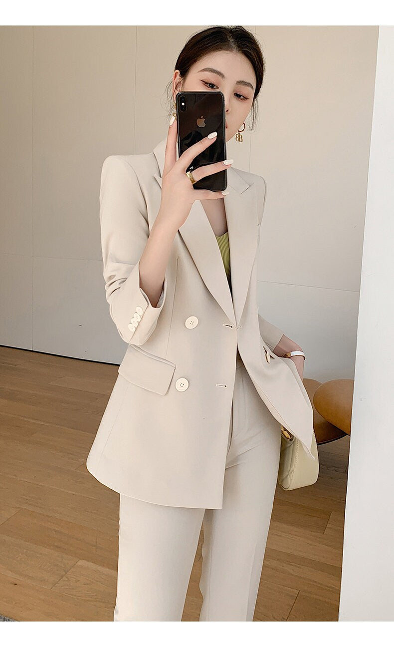 Beige women slim cut pantsuit, designer woman modern blazer + pants suit set, Smart Causal Formal Office Party Event Prom Wedding Gift