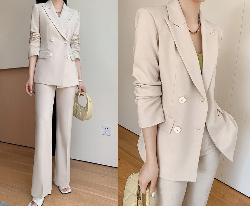 Beige women slim cut pantsuit, designer woman modern blazer + pants suit set, Smart Causal Formal Office Party Event Prom Wedding Gift