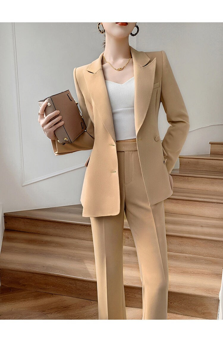 Khaki women slim cut pantsuit, designer woman modern blazer + pants suit set, Smart Causal Formal Office Party Event Prom Wedding Gift