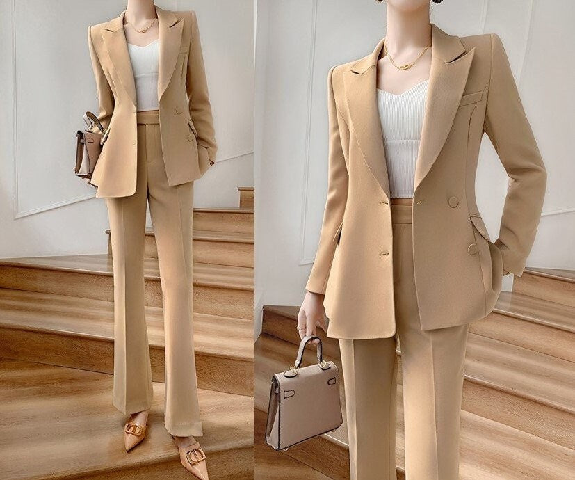 Khaki women slim cut pantsuit, designer woman modern blazer + pants suit set, Smart Causal Formal Office Party Event Prom Wedding Gift