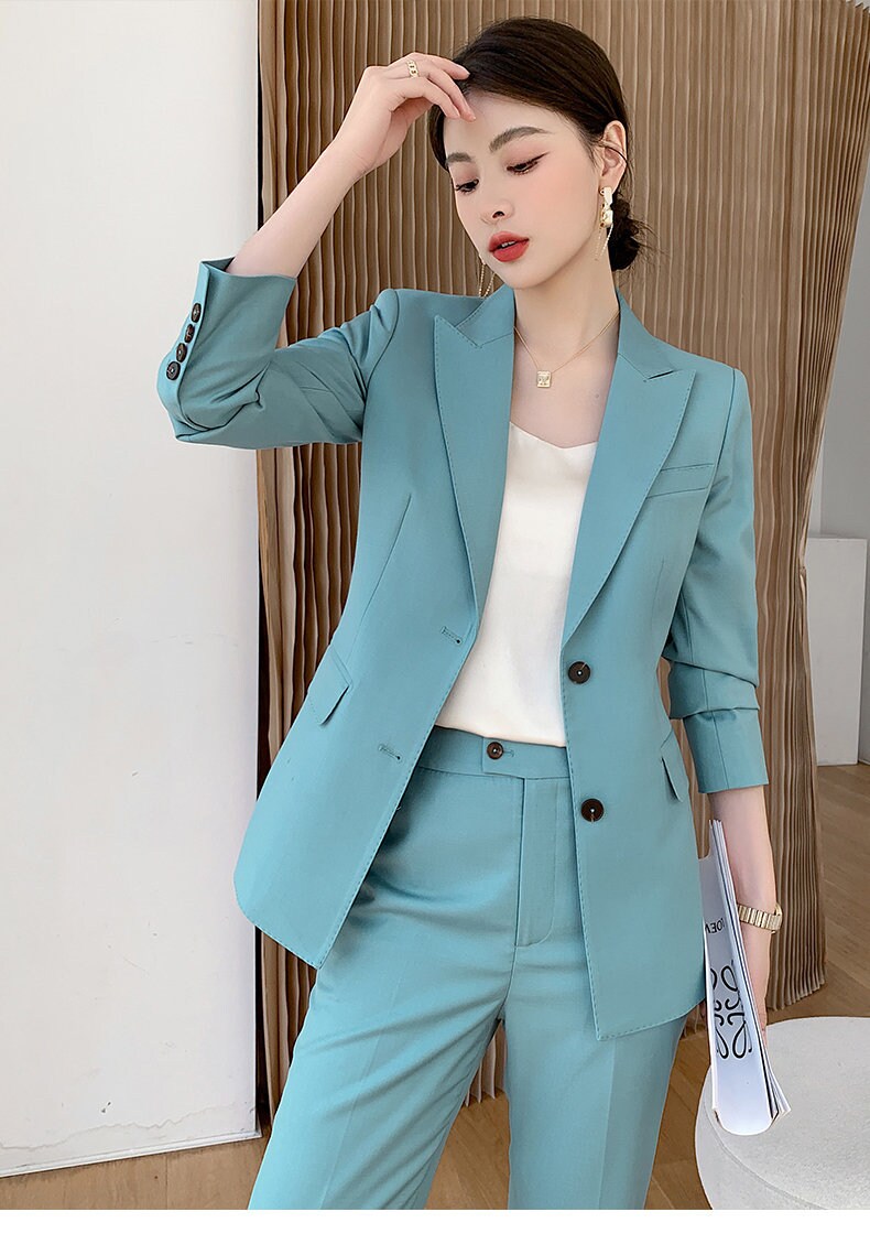 Pale blue women slim cut pantsuit, designer woman modern blazer + pants suit set, Smart Causal Formal Office Party Event Prom Wedding Gift