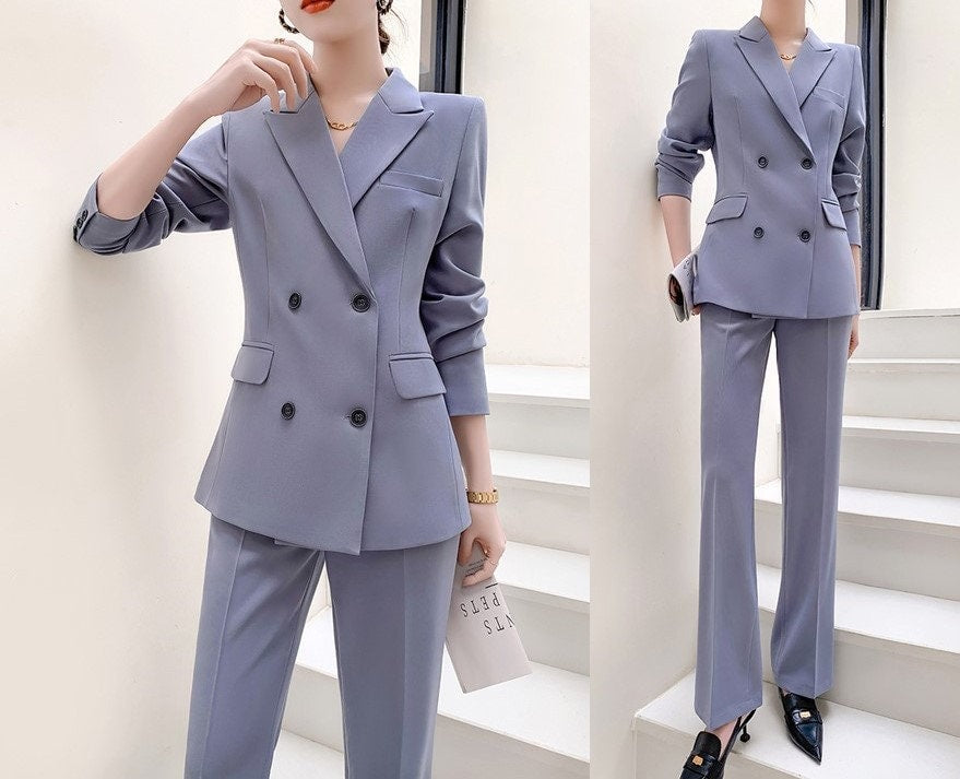 Gray women slim cut pantsuit, designer woman modern blazer + pants suit set, Smart Causal Formal Office Party Event Prom Wedding Gift