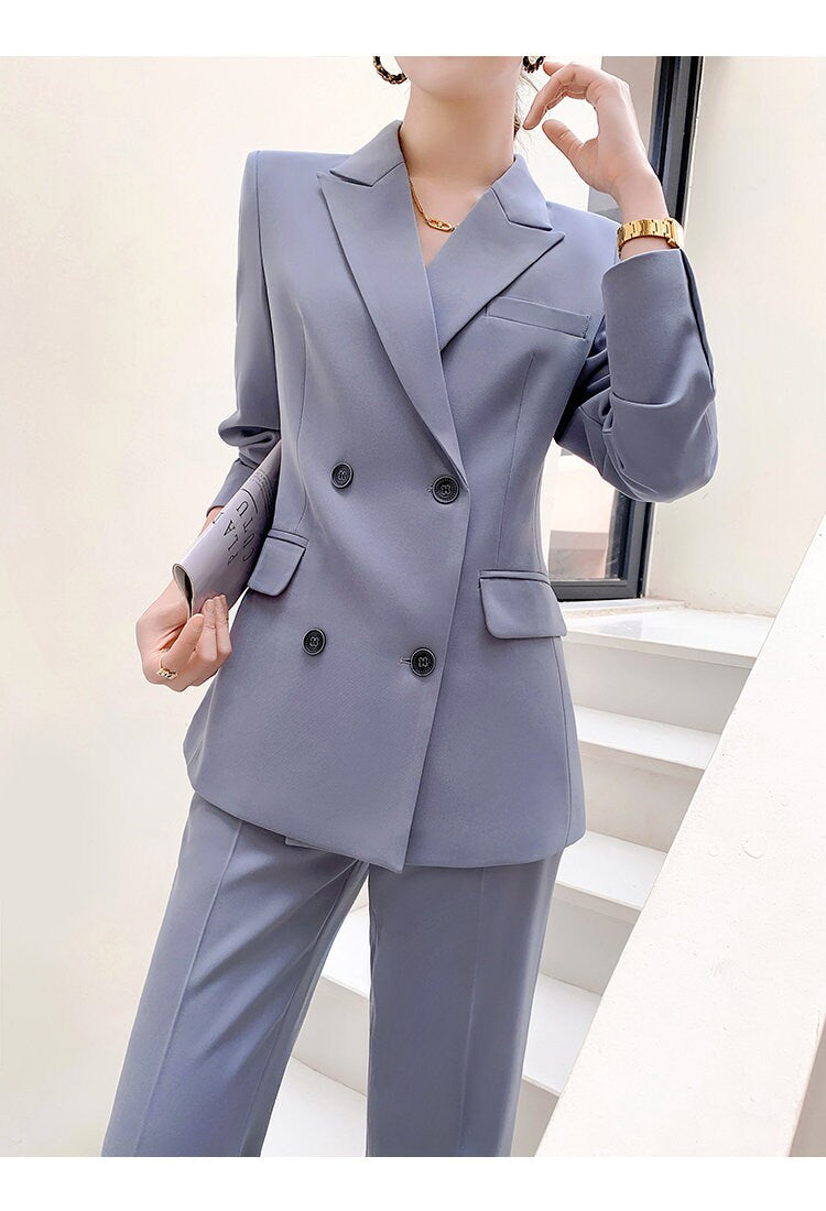 Gray women slim cut pantsuit, designer woman modern blazer + pants suit set, Smart Causal Formal Office Party Event Prom Wedding Gift