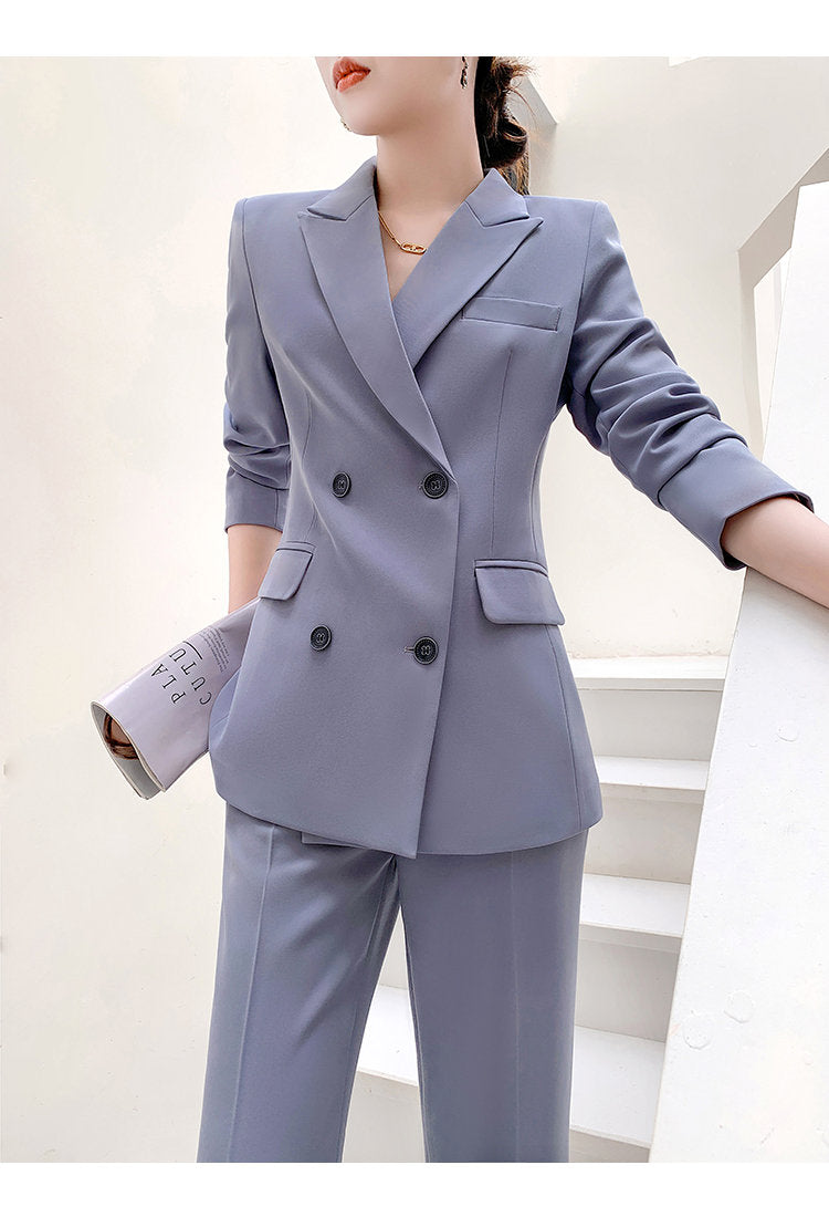 Gray women slim cut pantsuit, designer woman modern blazer + pants suit set, Smart Causal Formal Office Party Event Prom Wedding Gift