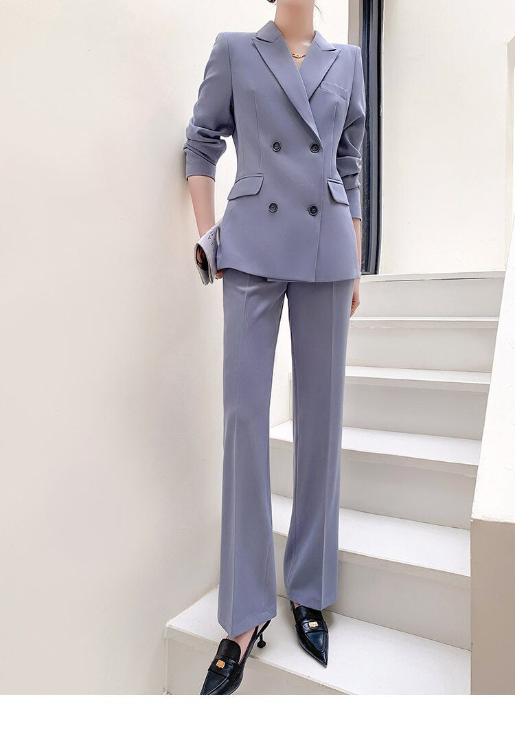 Gray women slim cut pantsuit, designer woman modern blazer + pants suit set, Smart Causal Formal Office Party Event Prom Wedding Gift