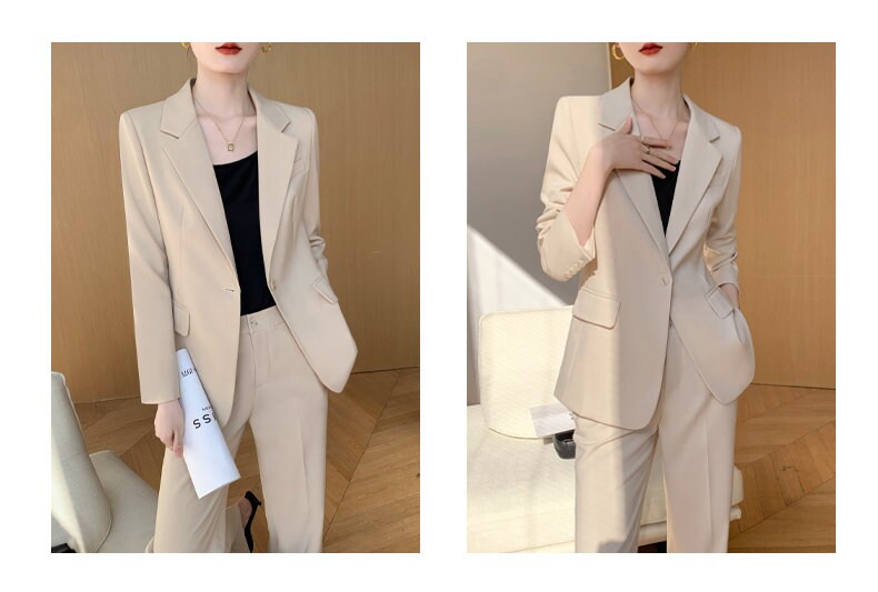 Beige women slim cut pantsuit, designer woman modern blazer + pants suit set, Smart Causal Formal Office Party Event Prom Wedding Gift