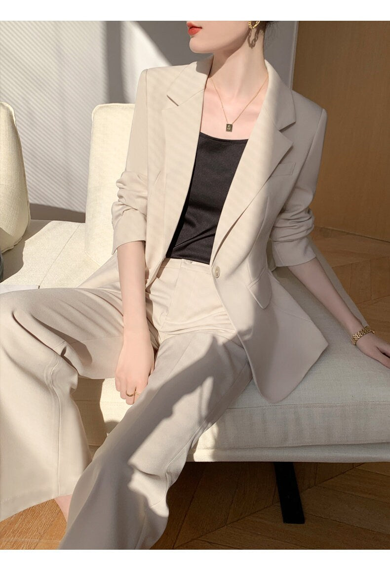 Beige women slim cut pantsuit, designer woman modern blazer + pants suit set, Smart Causal Formal Office Party Event Prom Wedding Gift