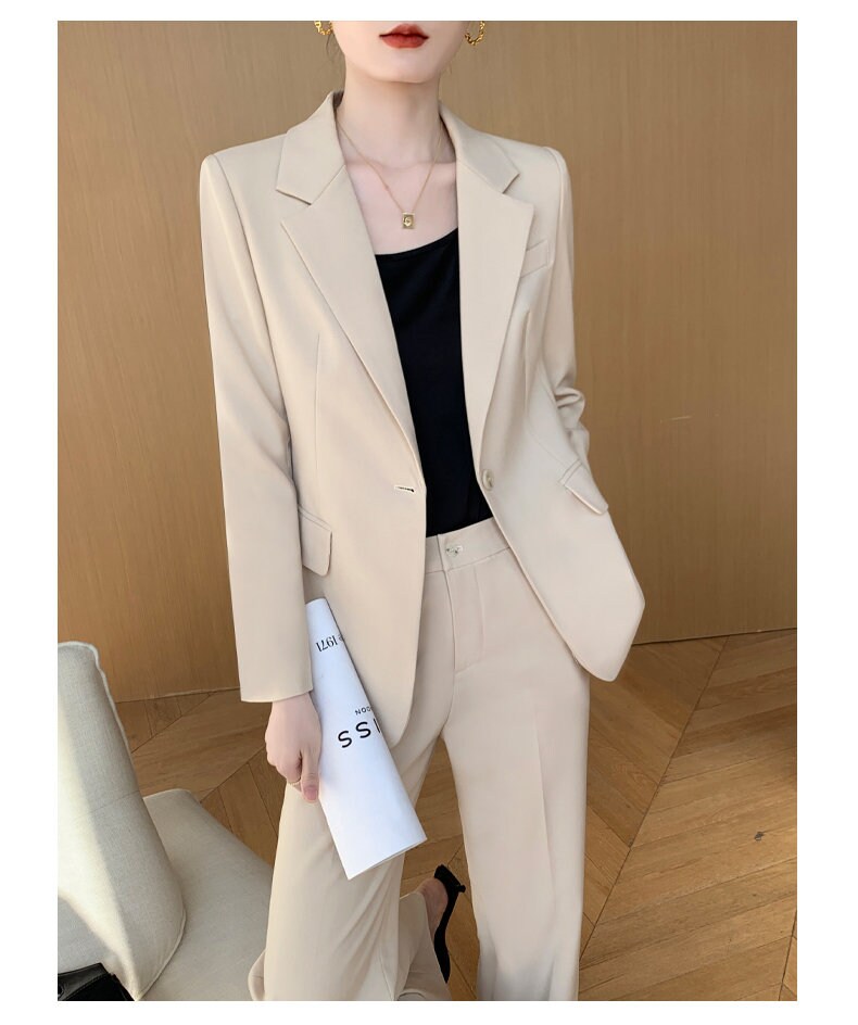 Beige women slim cut pantsuit, designer woman modern blazer + pants suit set, Smart Causal Formal Office Party Event Prom Wedding Gift