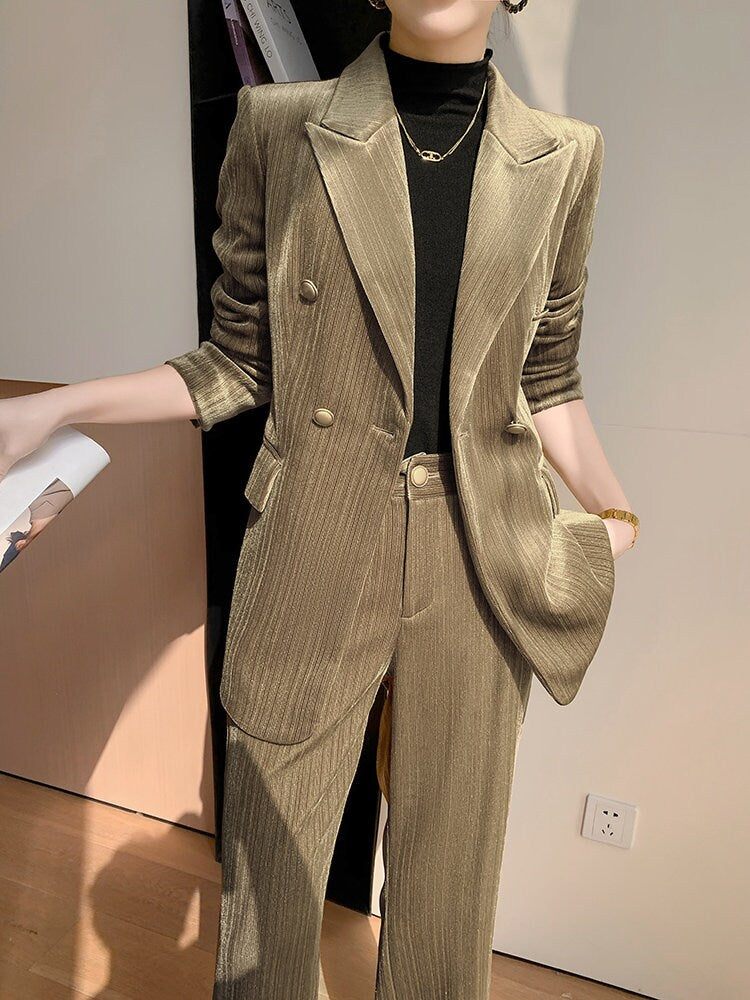 Gold velvet women slim cut pantsuit, designer woman modern blazer + pants suit set, Smart Causal Formal Office Party Event Prom Wedding Gift