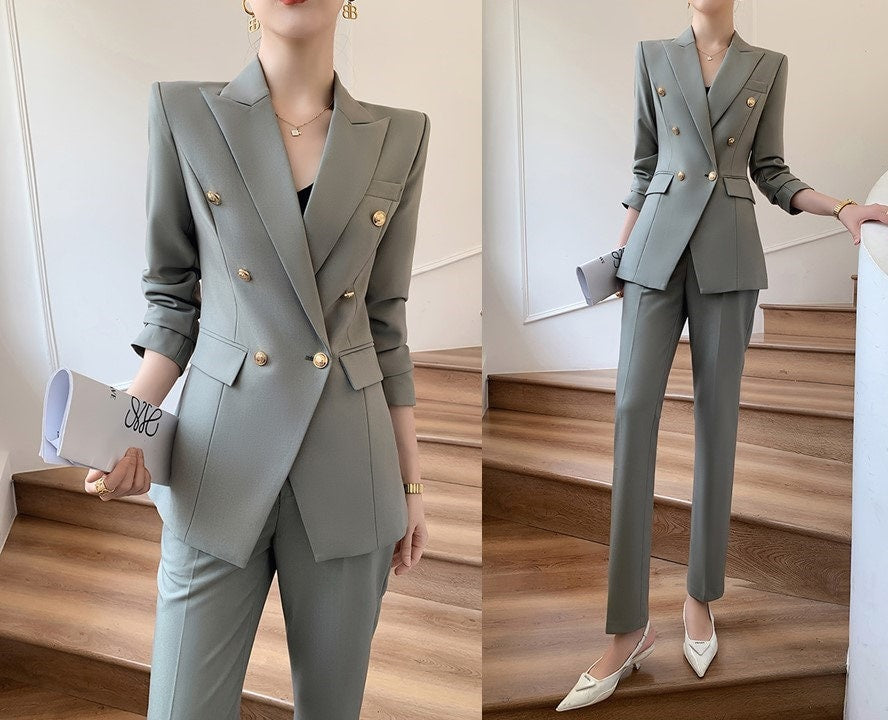 Dim gray velvet women slim cut pantsuit, designer woman modern blazer + pants suit set, Smart Causal Formal Office Party Event Prom Wedding