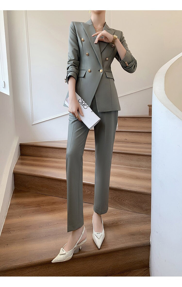 Dim gray velvet women slim cut pantsuit, designer woman modern blazer + pants suit set, Smart Causal Formal Office Party Event Prom Wedding