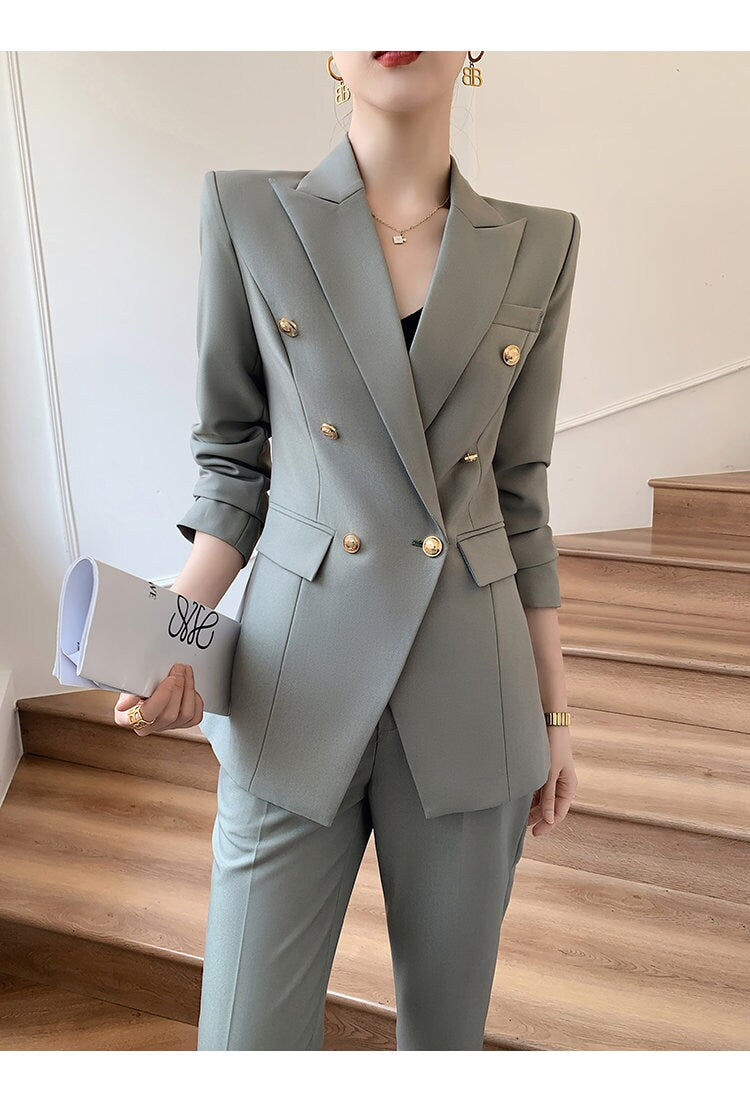 Dim gray velvet women slim cut pantsuit, designer woman modern blazer + pants suit set, Smart Causal Formal Office Party Event Prom Wedding