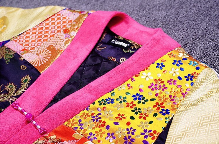 Patchwork fabric loose fit jacket, designer women colorful blazer oriental style pattern, formal/ outdoors wear/ wedding event party/ gift