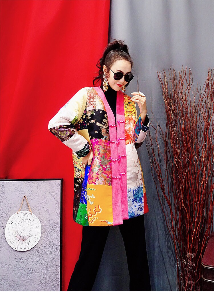 Patchwork fabric loose fit jacket, designer women colorful blazer oriental style pattern, formal/ outdoors wear/ wedding event party/ gift