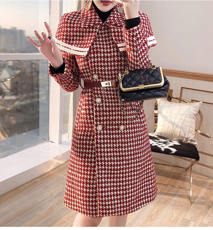 Red Houndstooth Pattern Trench Coat, Little Red Hood Woman Long Wool Raincoat for Smart Casual/ Party Event/ Christmas/ Gift/ for Winter