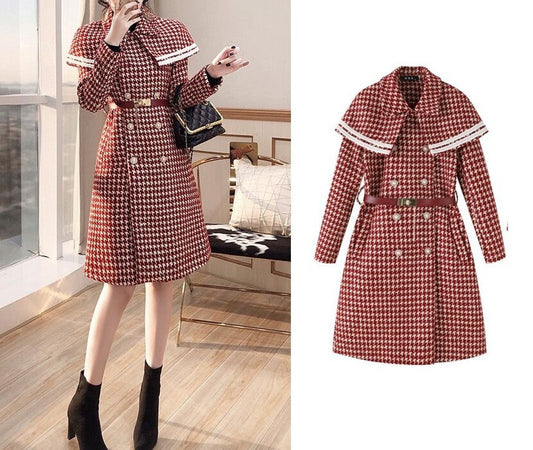 Red Houndstooth Pattern Trench Coat, Little Red Hood Woman Long Wool Raincoat for Smart Casual/ Party Event/ Christmas/ Gift/ for Winter