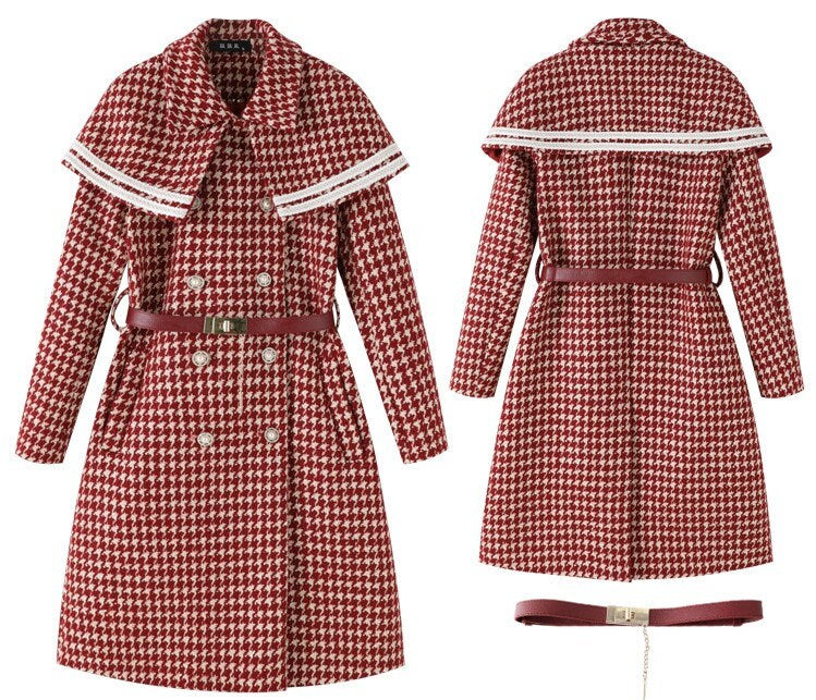 Red Houndstooth Pattern Trench Coat, Little Red Hood Woman Long Wool Raincoat for Smart Casual/ Party Event/ Christmas/ Gift/ for Winter