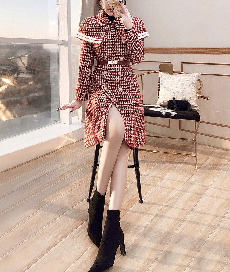 Red Houndstooth Pattern Trench Coat, Little Red Hood Woman Long Wool Raincoat for Smart Casual/ Party Event/ Christmas/ Gift/ for Winter