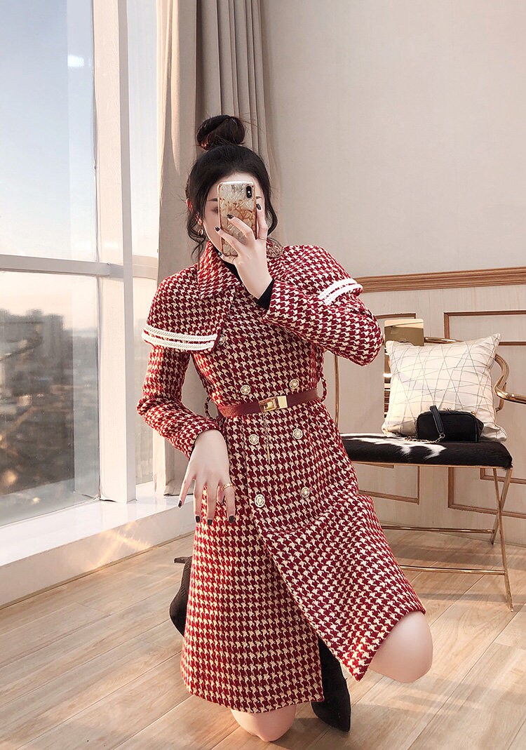 Red Houndstooth Pattern Trench Coat, Little Red Hood Woman Long Wool Raincoat for Smart Casual/ Party Event/ Christmas/ Gift/ for Winter