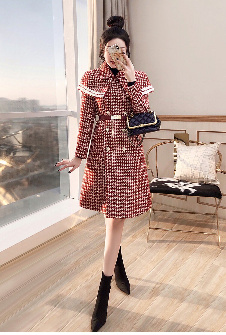 Red Houndstooth Pattern Trench Coat, Little Red Hood Woman Long Wool Raincoat for Smart Casual/ Party Event/ Christmas/ Gift/ for Winter