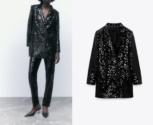 Black Sequin Pantsuit, Designer Woman Shiny long Blazer + Silm Cut Pants Suit setModel Catwalk for Party/ Event/Formal/Office/ Wedding