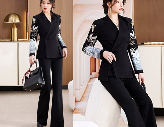 Oriental embroidery cranes pantsuit, designer woman embroidery sleeves blazer + pants, suit set for Party Event/ Prom Wedding/ Office