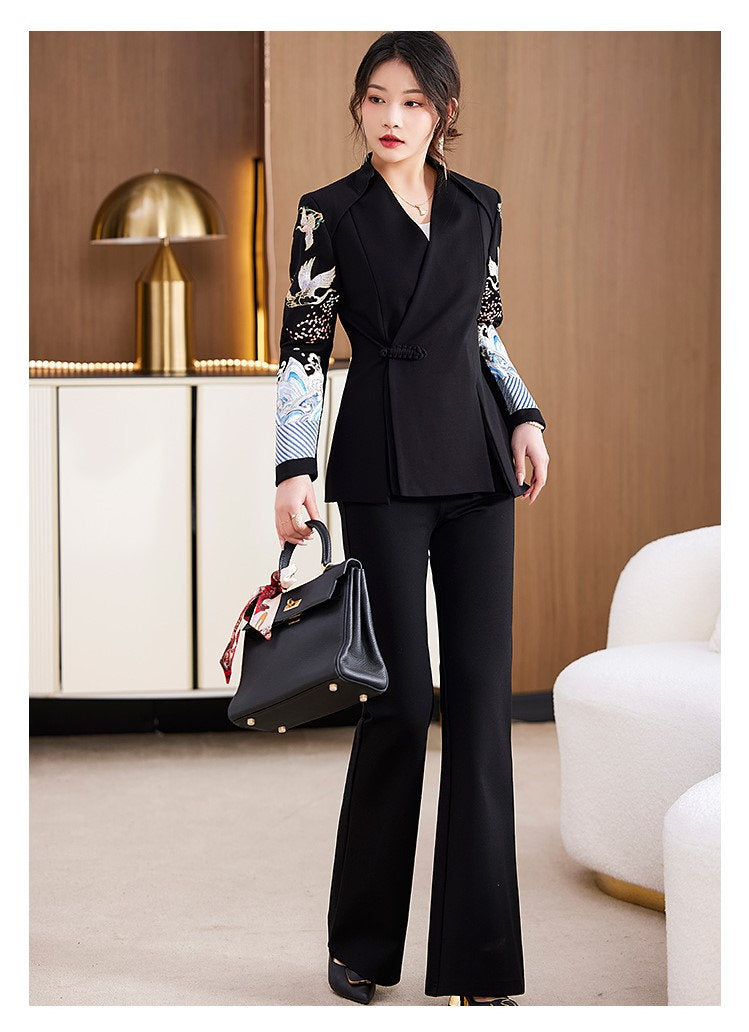 Oriental embroidery cranes pantsuit, designer woman embroidery sleeves blazer + pants, suit set for Party Event/ Prom Wedding/ Office