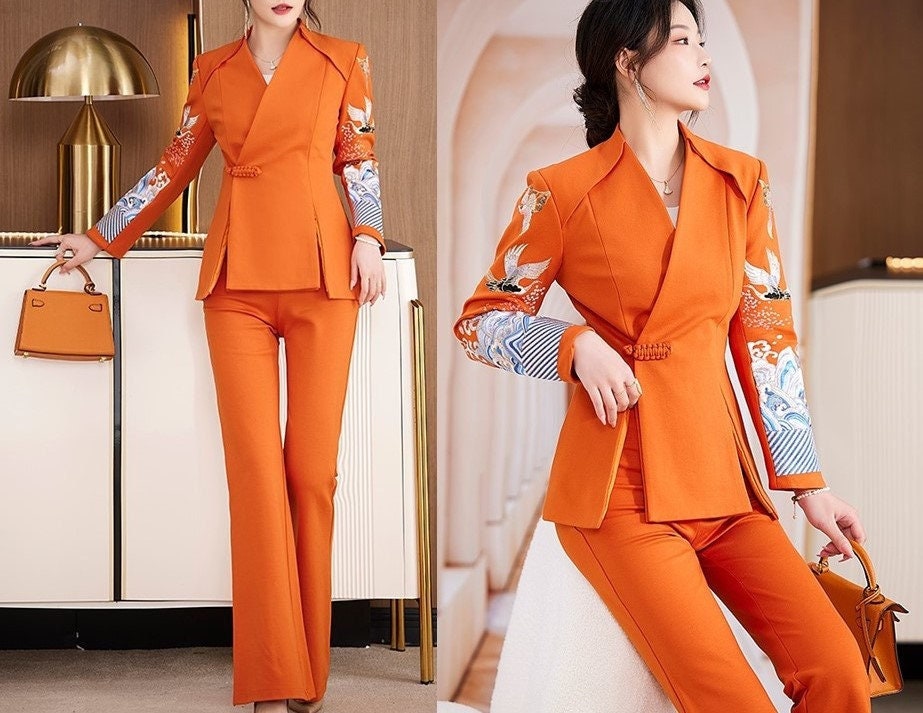 Oriental embroidery cranes pantsuit, designer woman embroidery sleeves blazer + pants, suit set for Party Event/ Prom Wedding/ Office