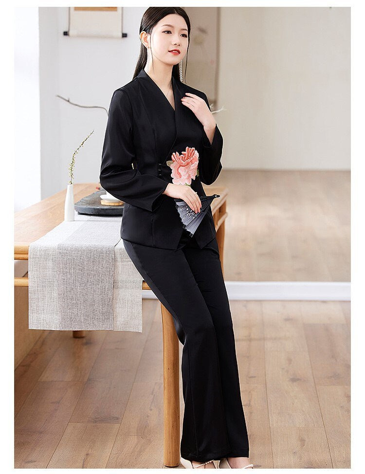 Floral embroidery pantsuit, designer woman embroidery sleeves blazer + pants, suit set for Party Event/ Prom Wedding/ Office