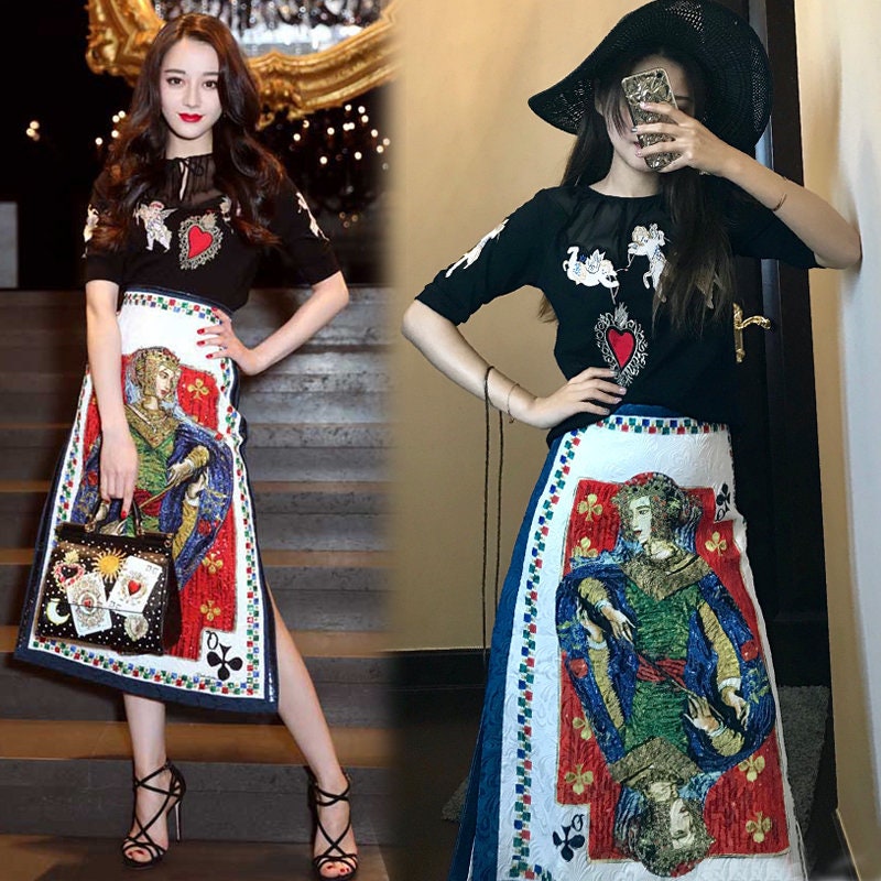 Poker art embroidery blouse + dress set, women maxi dress with Poker Q graphics, casual formal party cocktail wedding work office gift